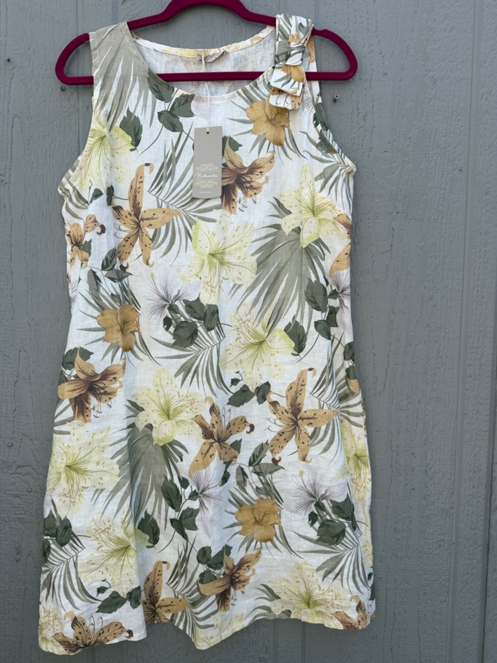 Bellambra Floral Sleeveless Italian Linen Shift Dress Size: L